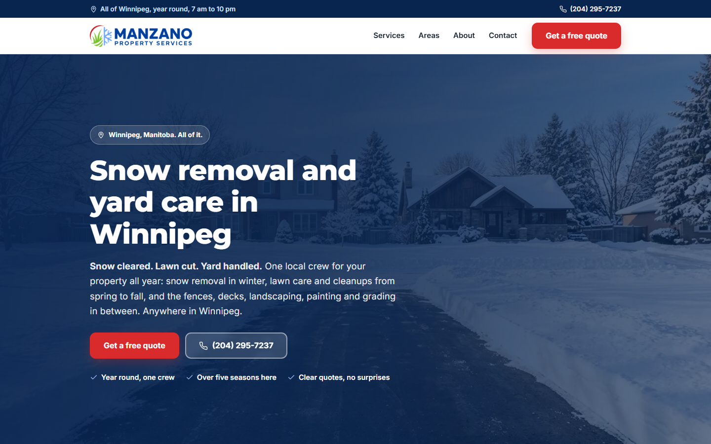 The Manzano Property Services homepage: snow removal and yard care in Winnipeg, with a free quote button and the phone number above the fold