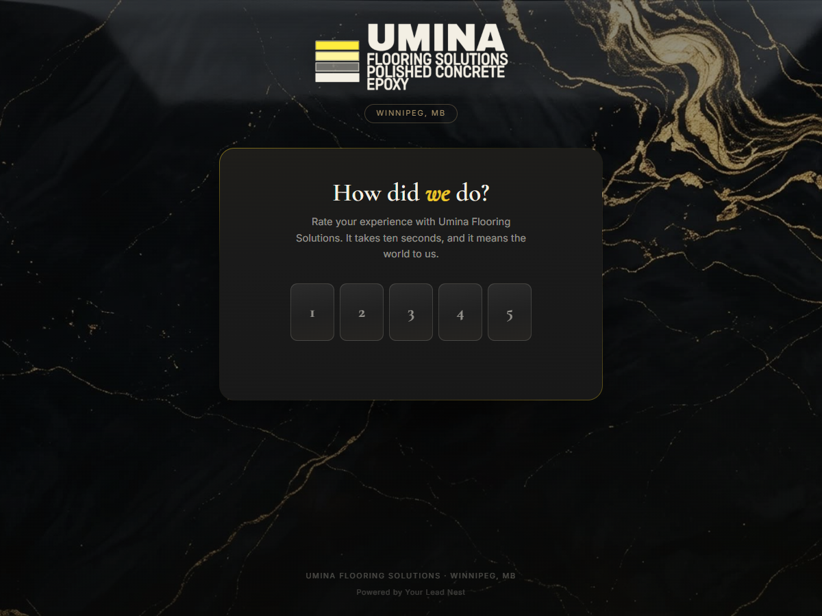 The Umina Flooring Solutions review page: her logo, dark marble, and one question with five buttons