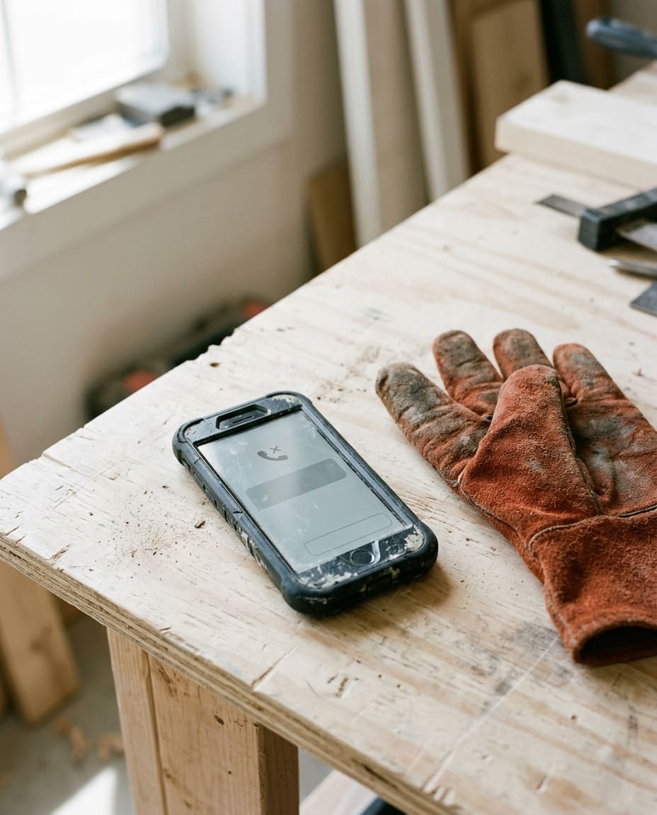 A tradesperson's phone on a workbench showing a missed call beside a rust work glove
