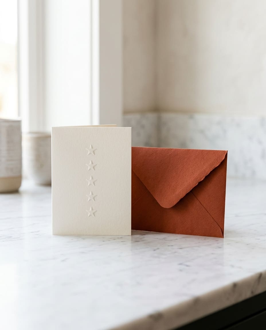 An ivory card embossed with five stars beside a rust-coloured envelope