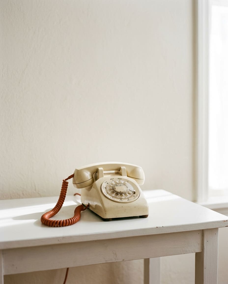 An ivory rotary phone with a rust cord on a white side table