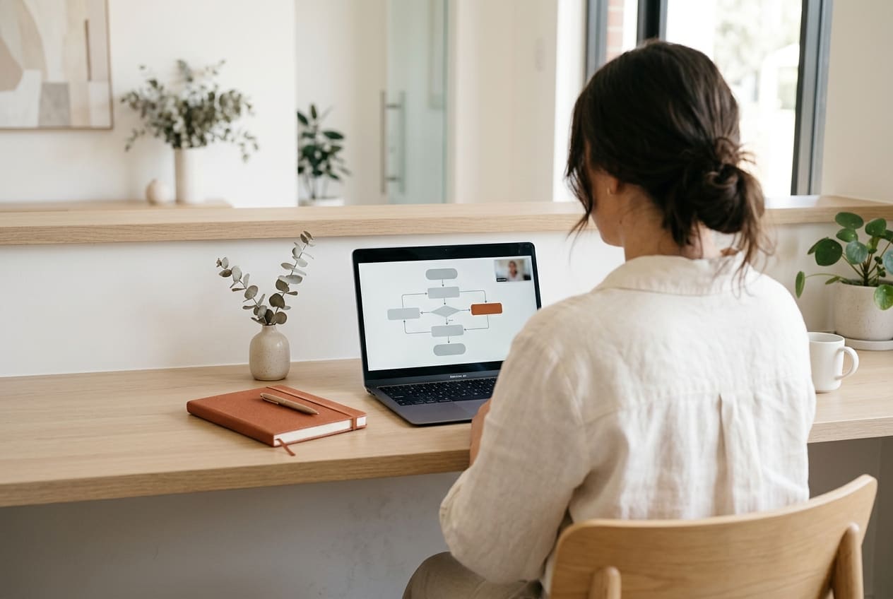 A business owner on a video call with an automation diagram shared on screen