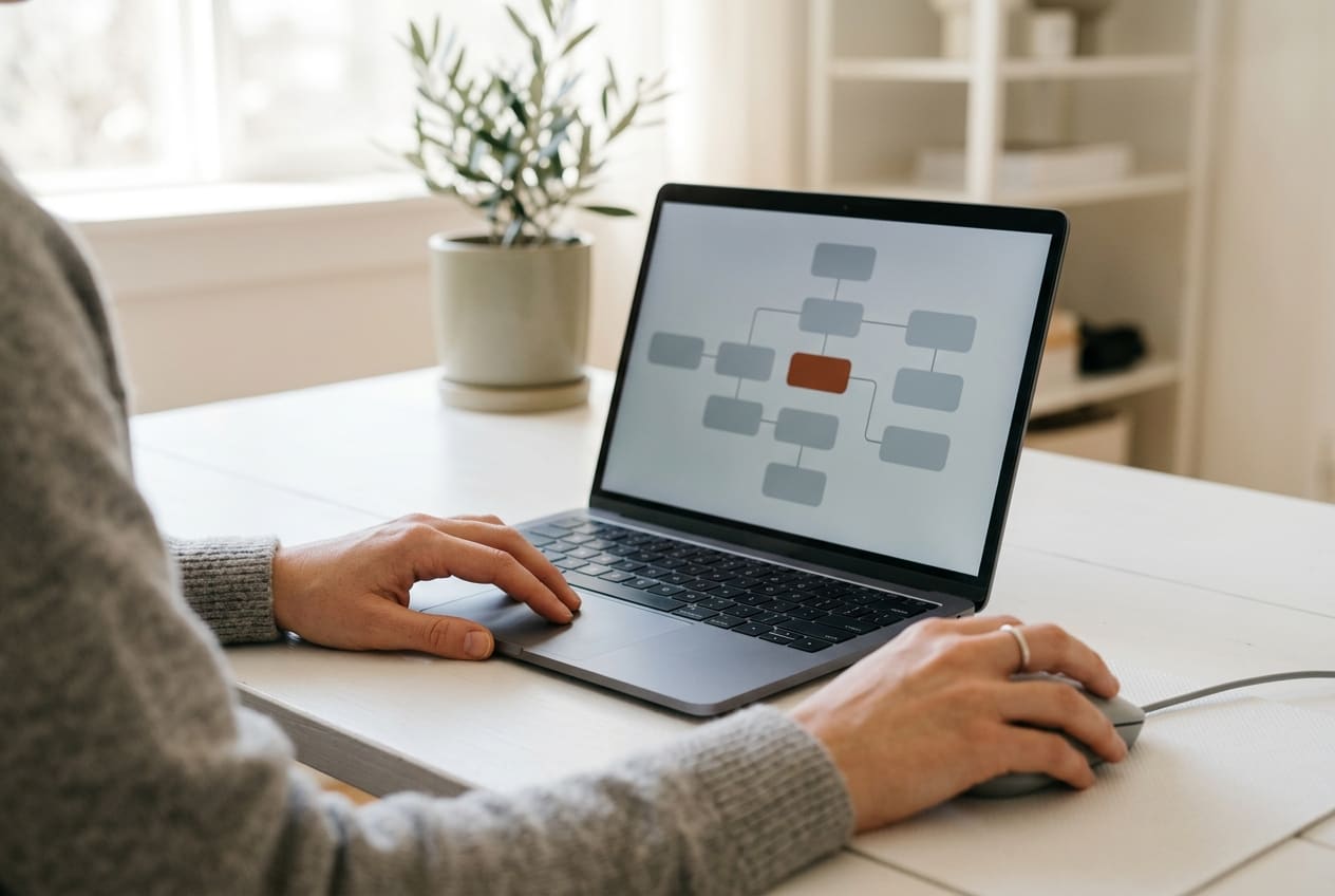 Hands at a laptop building an automation flowchart