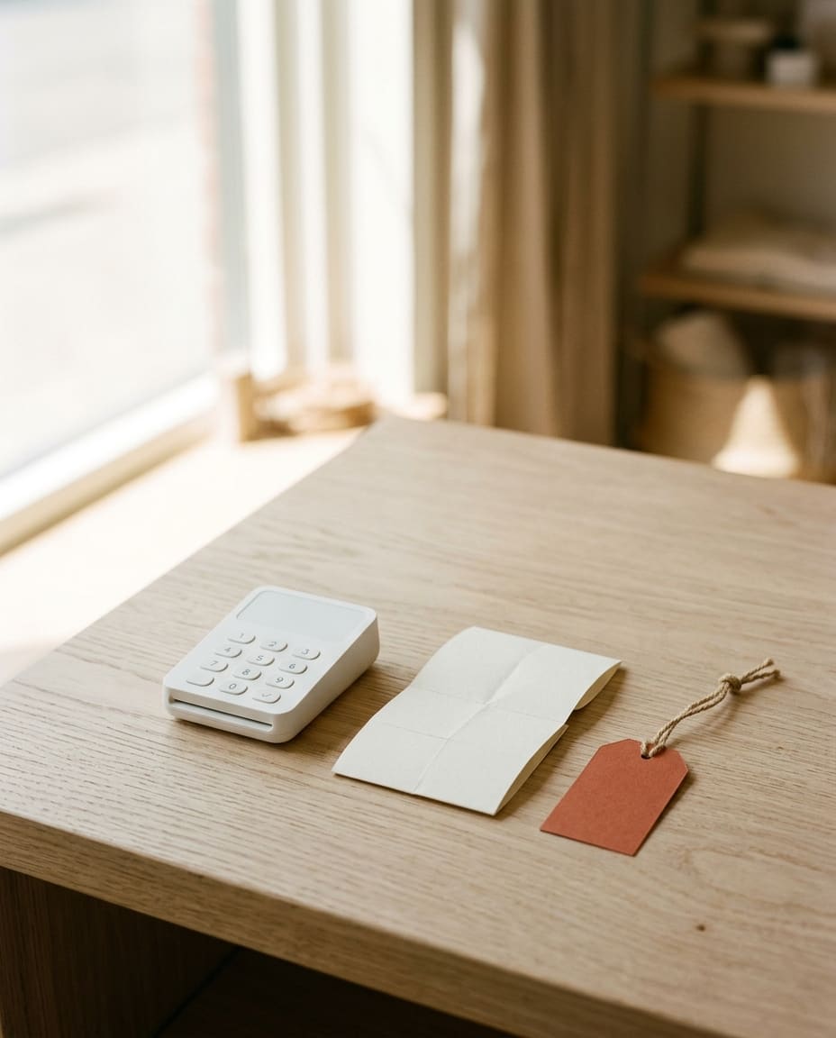 A white card reader and a folded receipt on a wooden shop counter with a rust price tag