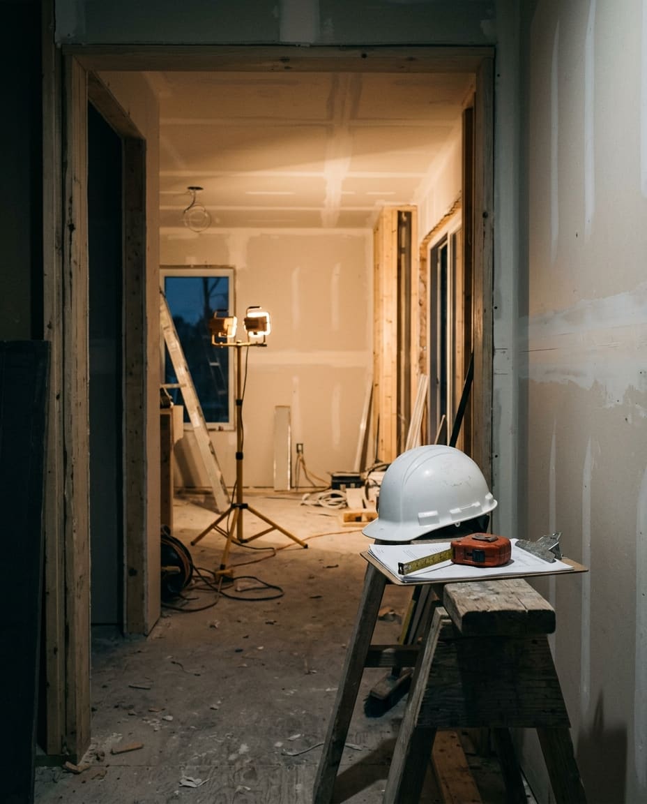 A renovation site at dusk with a hard hat on a clipboard and a rust tape measure